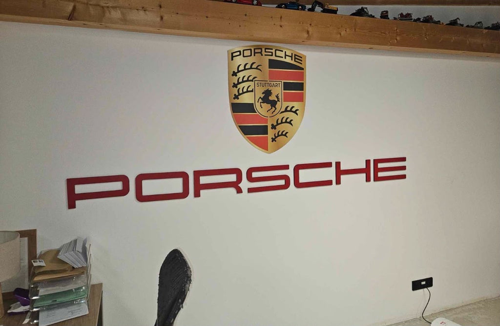 Porsche Metal Letter & Crest Wall Sign Set – High-End Garage Wall Art Decor